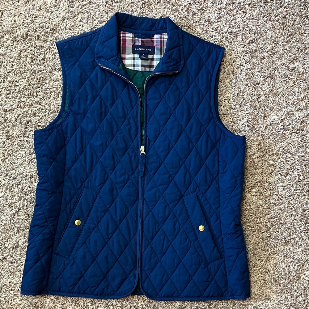 Lands' End Navy Quilted Vest with Gold Accents